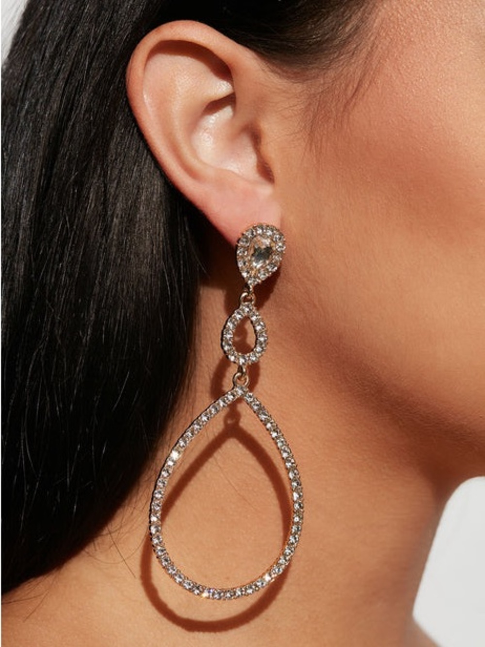 NWT Fashion Nova “All Access” Gold Crystal Open Teardrop Dangle Earrings